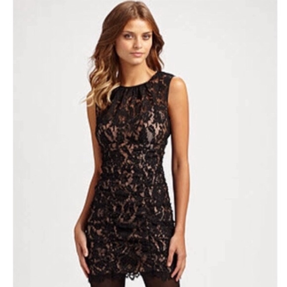 nanette lepore ruched black lace dress